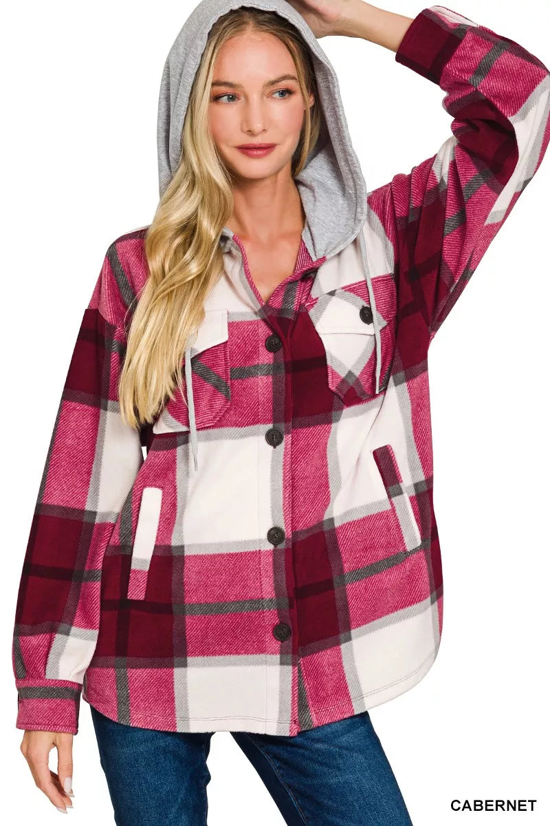 Zenana Plaid Drawstring Hooded Fleece Shacket