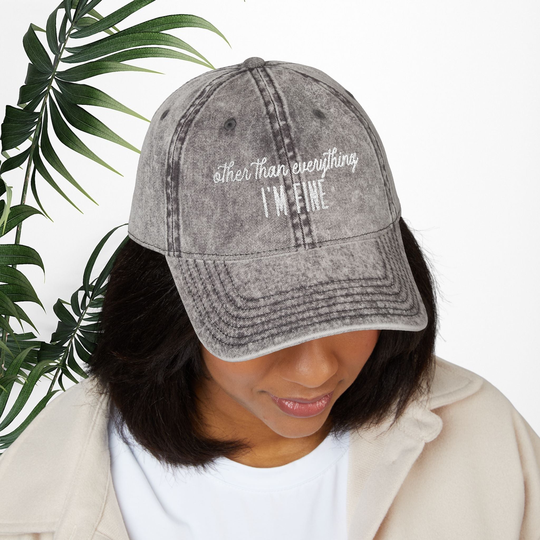 Bespattered Facade "I'm Fine" White Embroidered Vintage Cap