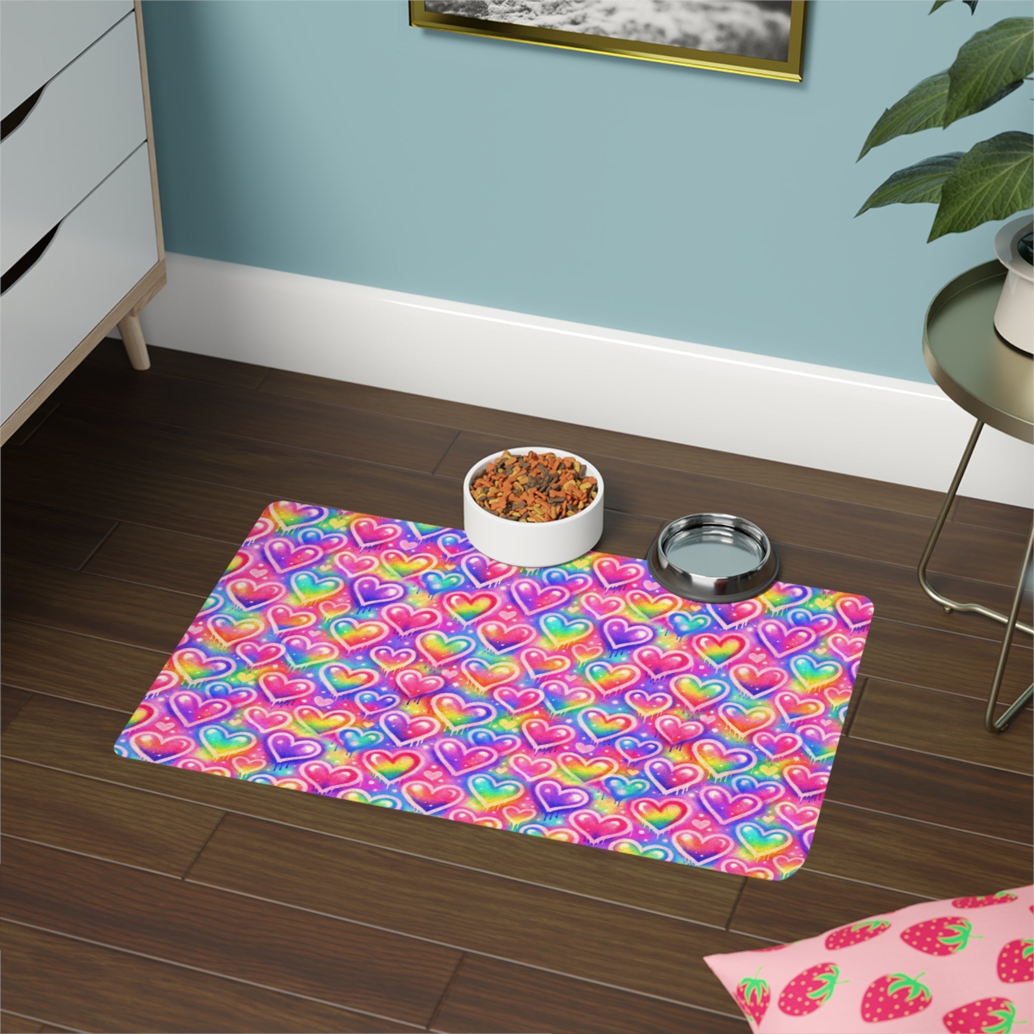 Bespattered Facade Rainbow Hearts Pet Food Mat