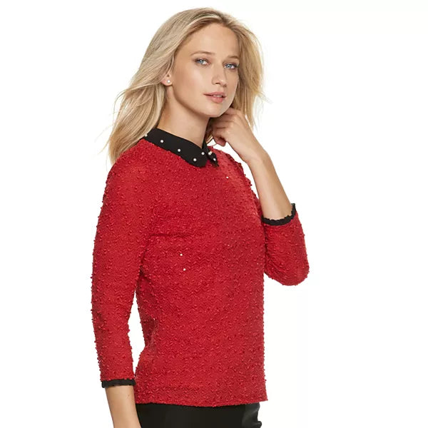 Elle Womens Collared 3/4-Sleeve Top, Size Medium