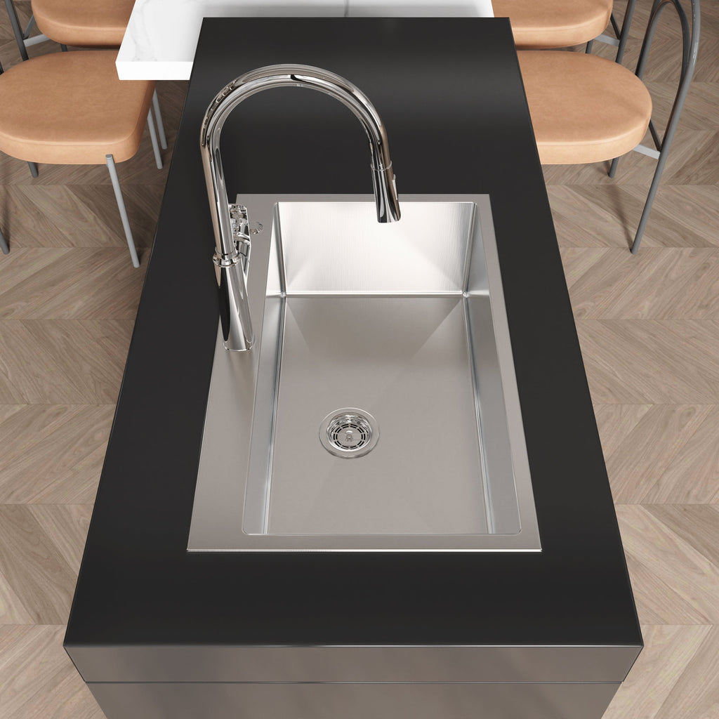 Stainless Steel Kitchen Sink, 30″x19″ Single Bowl, Overmount Handmade Sink in Brushed Nickel, with US Standard Drain and Hook, LS-SSBR04
