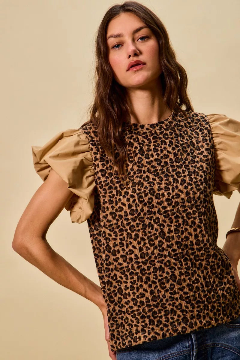 SO ME Leopard Pointelle Knit Top with Puff Sleeves