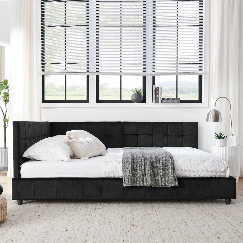 Mid-Century Full Size Upholstered Tufted Bed Frame with Comfortable Backrest and Armrests, Velvet, Black