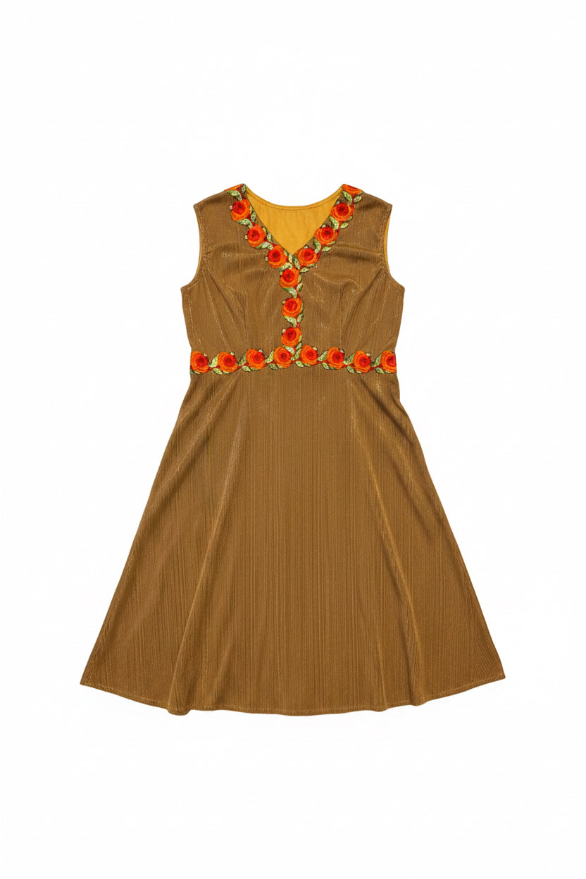 Vintage Gold Floral Embroidered Pleated Midi Dress