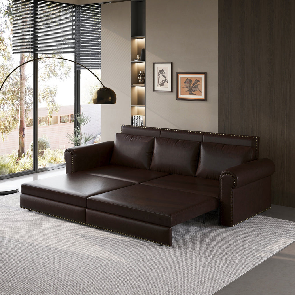 93.7 ' Pull Out Sofa Bed, 3-in-1 Faux Leather Convertible Sleeper Sofa with Nailhead Trim & Rolled Arm,Multi-Functional Sofa Bed for Living Room,Bedroom,Apartment,Office