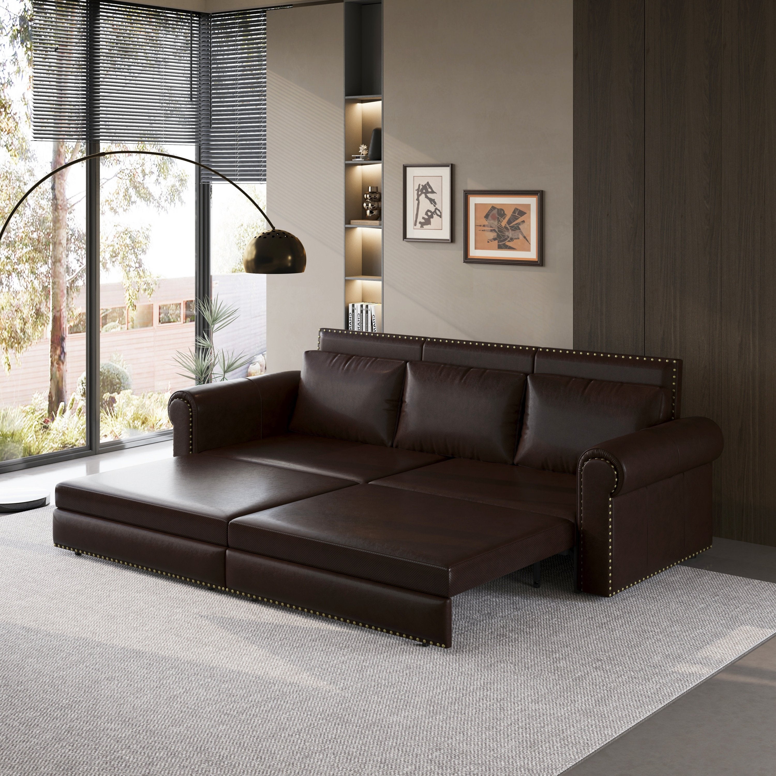 93.7 ' Pull Out Sofa Bed, 3-in-1 Faux Leather Convertible Sleeper Sofa with Nailhead Trim & Rolled Arm,Multi-Functional Sofa Bed for Living Room,Bedroom,Apartment,Office