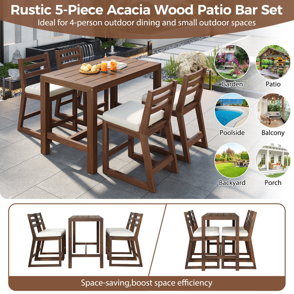 TREXM Rustic Patio Bar Set with Ergonomic Chairs, Solid Wood Slatted Tabletop in Mocha+Beige Cushion