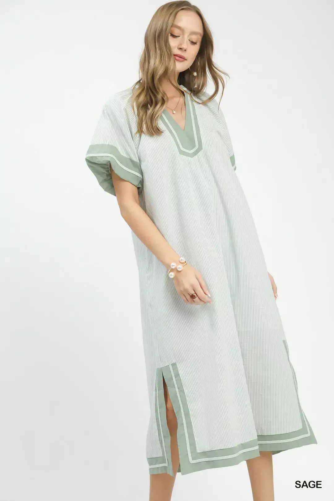 Umgee Pinstripe Contrast Trim Midi Dress