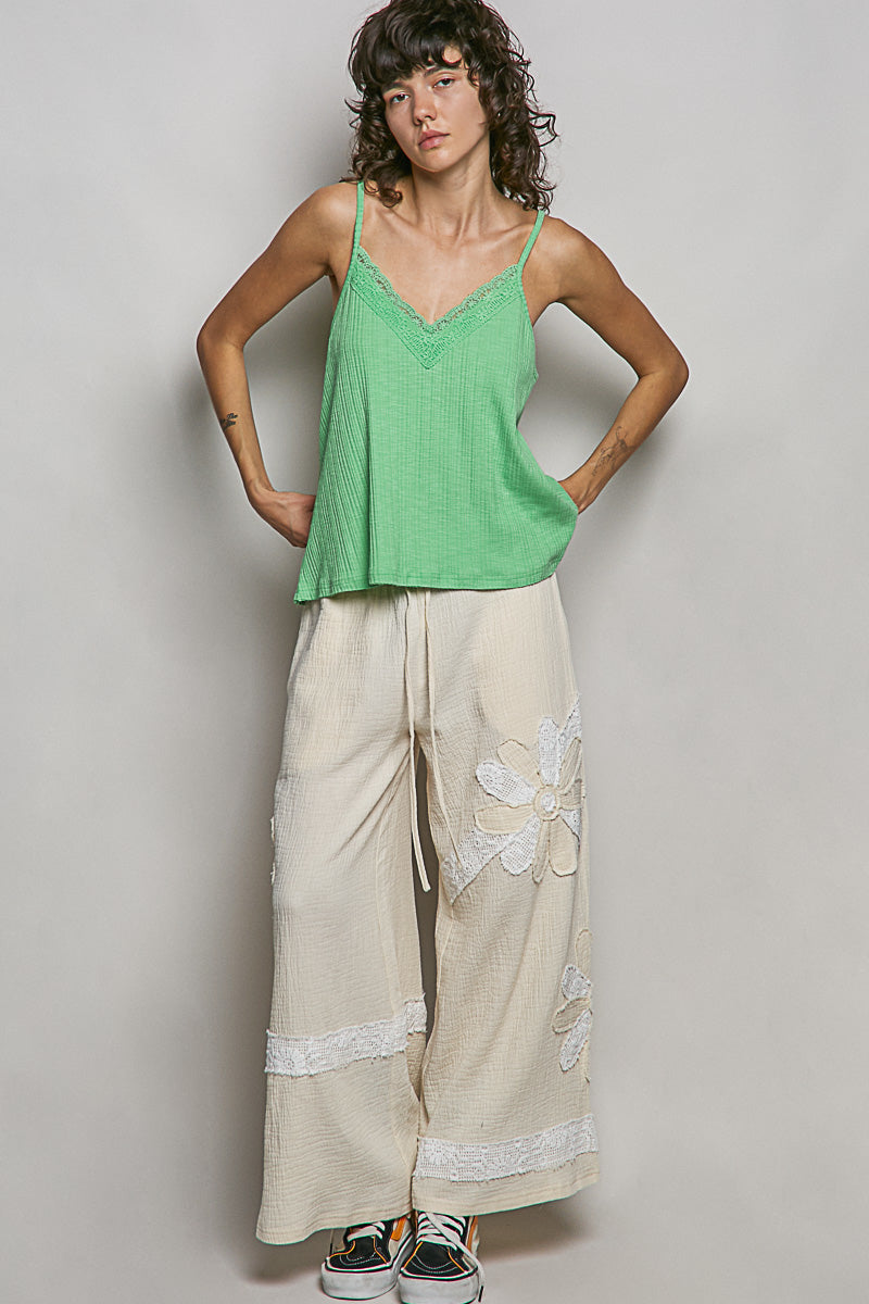 POL Lace Detail V-Neck Textured Knit Cami
