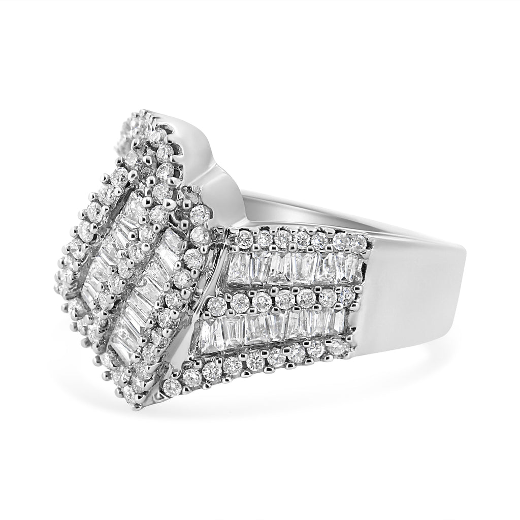 14K White Gold 1-1/2 Cttw Round and Baguette Diamond Bypass Cocktail Ring Band (H-I Color, SI1-SI2 Clarity) - Size 7