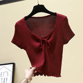 Korean Style Women's Bow Tie Short Sleeve Knit Top