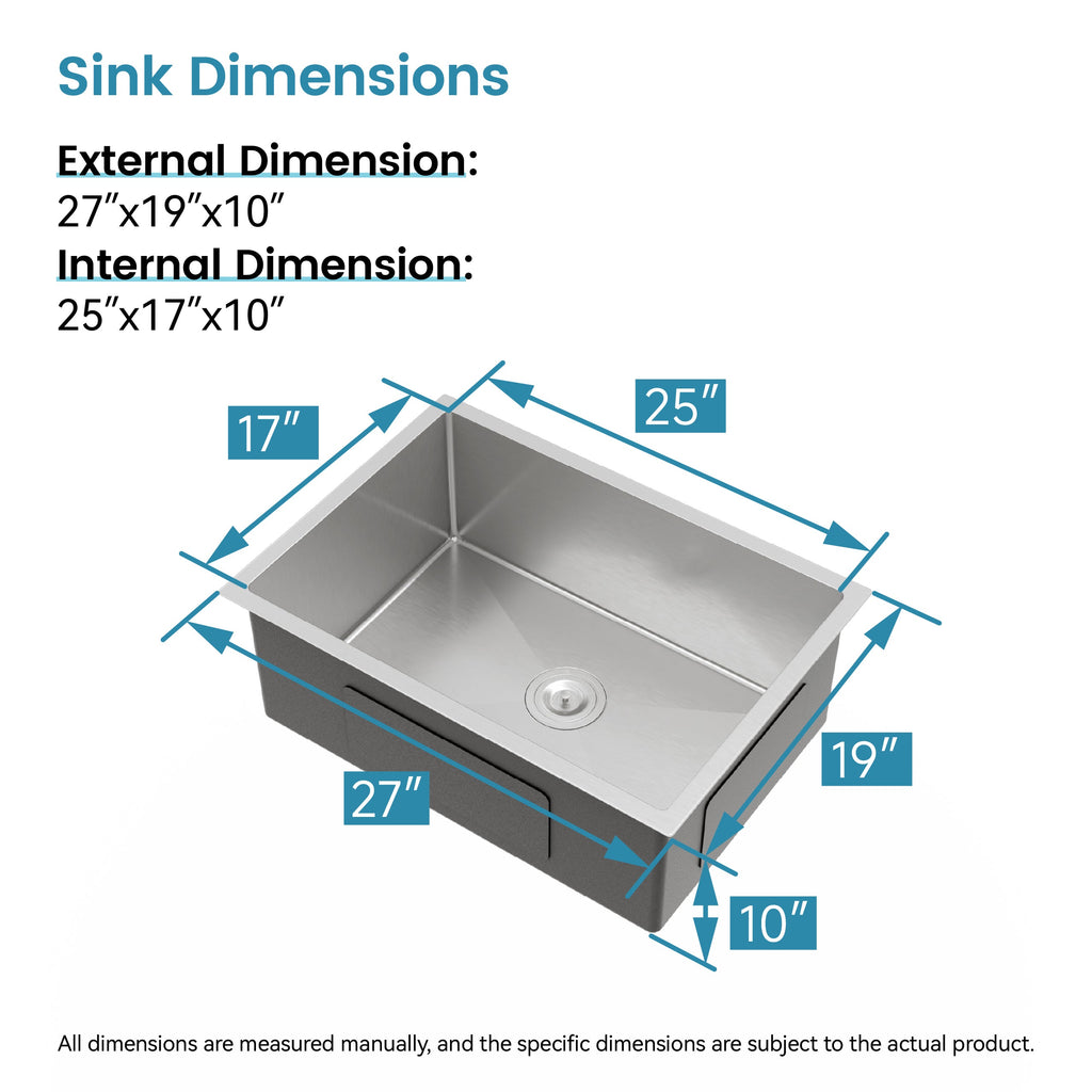 Stainless Steel Kitchen Sink, 27″x19″ Single Bowl, Undermount Handmade Sink in Brushed Nickel, with US Standard Drain and Hook, LS-SSBR06