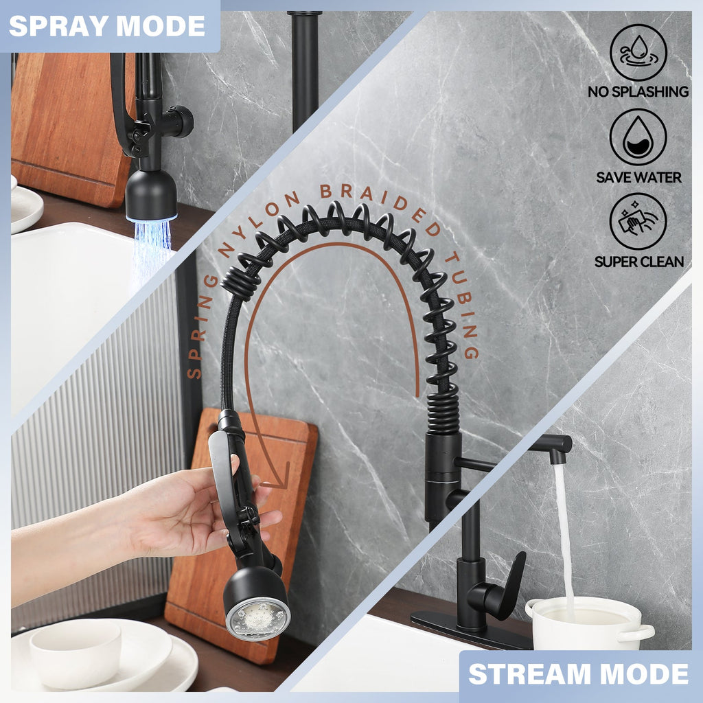 Industrial Chic Matte Black Kitchen Sink Faucet with LED Pull Down Sprayer, Single Handle High Arc Stainless Steel Faucet, Dual Spouts, Deck Mount