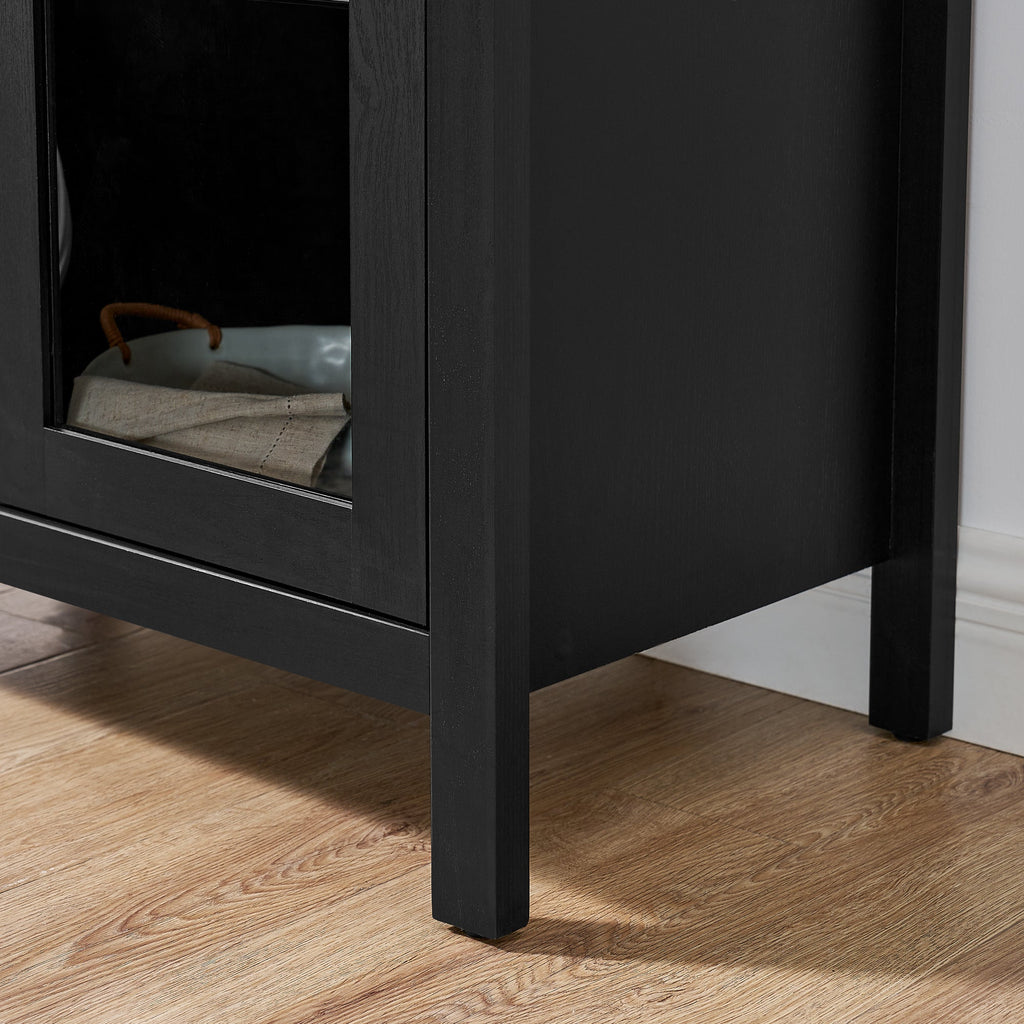 A high arched storage cabinet with a lamp, a modern retro-style wooden storage cabinet with adjustable glass partitions, suitable for use as a multi-functional cabinet in kitchens-Black