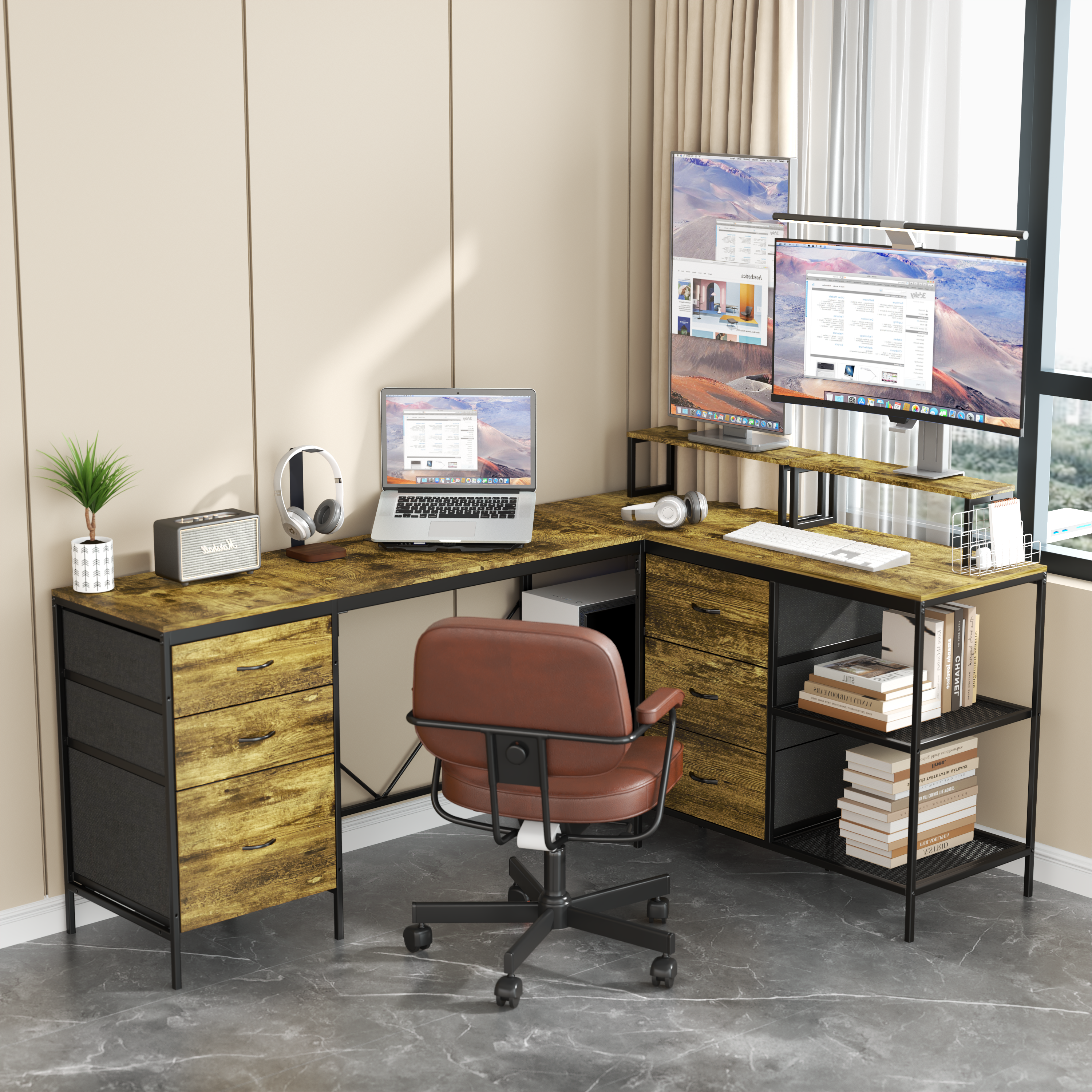 Industrial L-Shaped Computer Desk with Power Outlets & USB-C, Rustic Brown Metal Frame, 6 Fabric Drawers, 3 Open Shelves, Movable Monitor Stands, 114 Inch Corner Office Desk for Gaming and Work