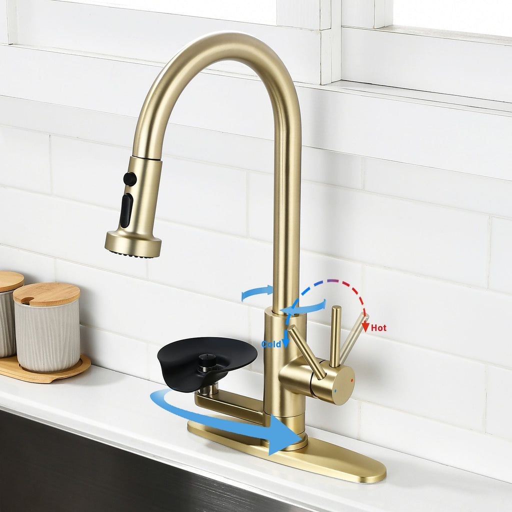 3-in-1 Kitchen Faucet with Press-Type Glass Rinser, Brushed Gold Finish, High-Arc Pull-Down Sprayer, Universal for 1 & 3 Holes, Stainless Steel and ABS Construction