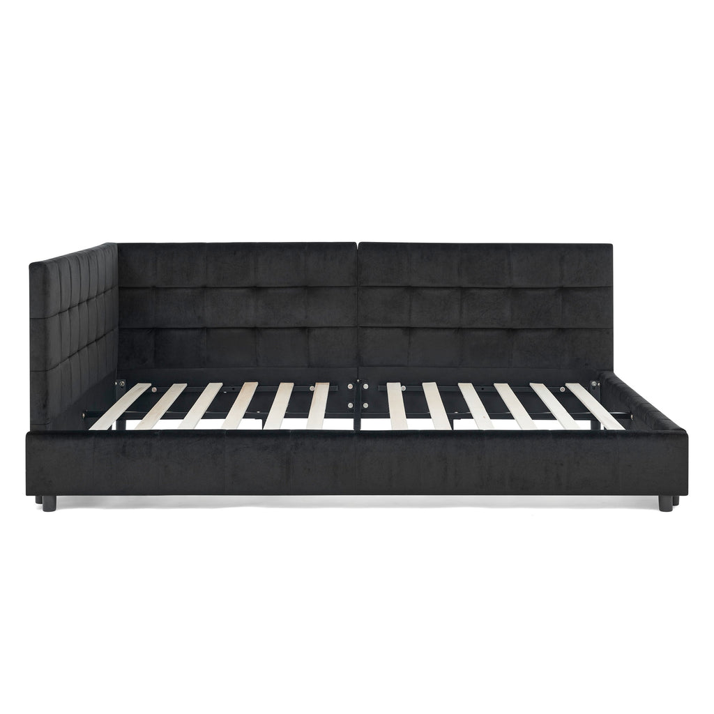 Mid-Century Full Size Upholstered Tufted Bed Frame with Comfortable Backrest and Armrests, Velvet, Black