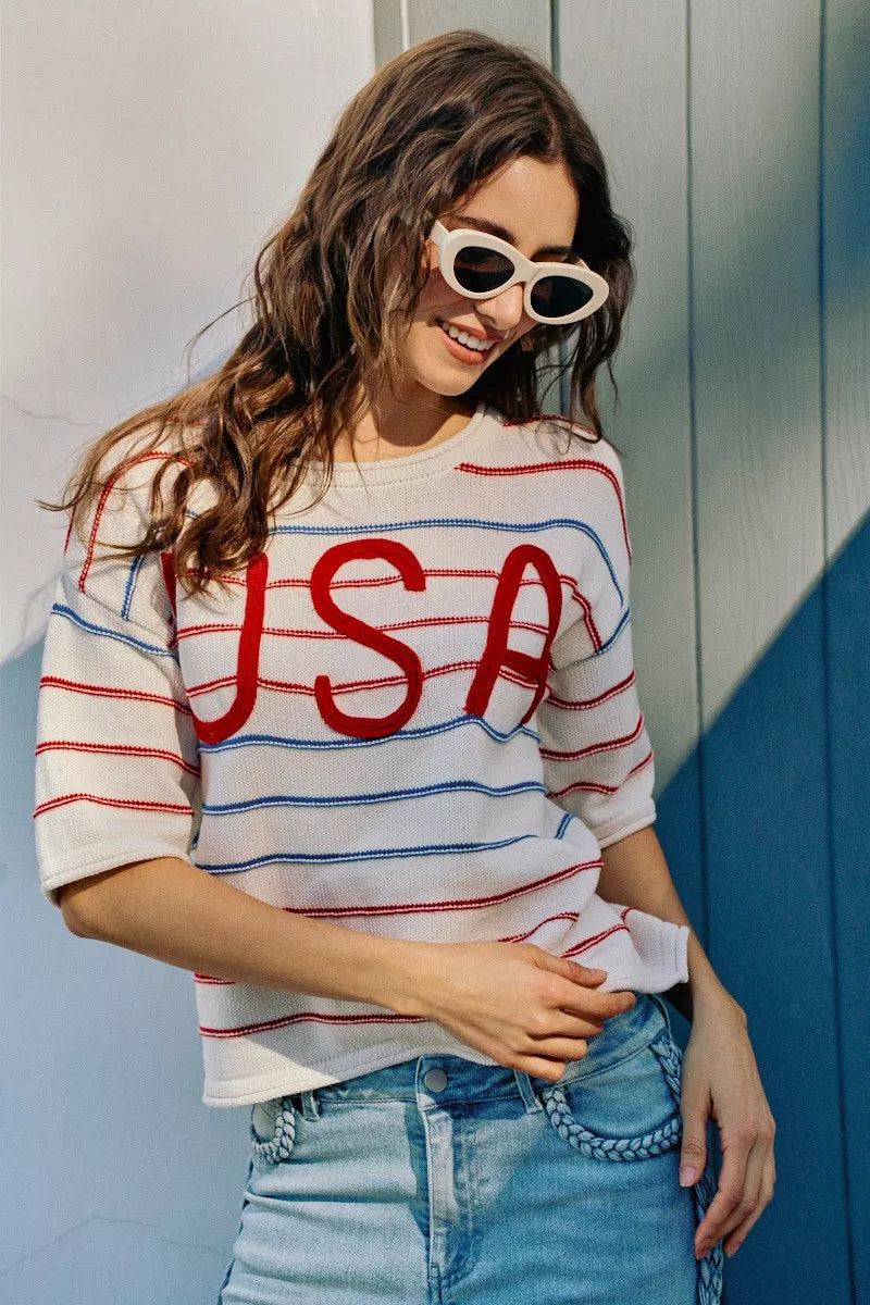 SO ME Usa Stripe Knit Short Sleeves Sweater Top
