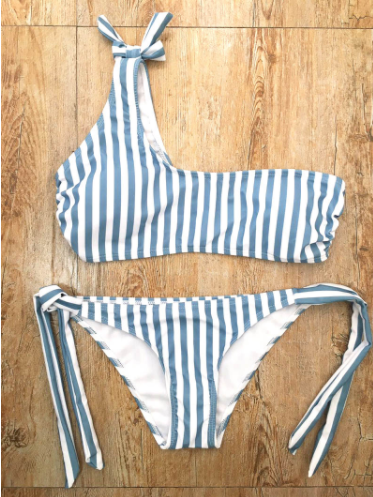 2020 New Striped Blue One-Shoulder Bikini Swimsuit