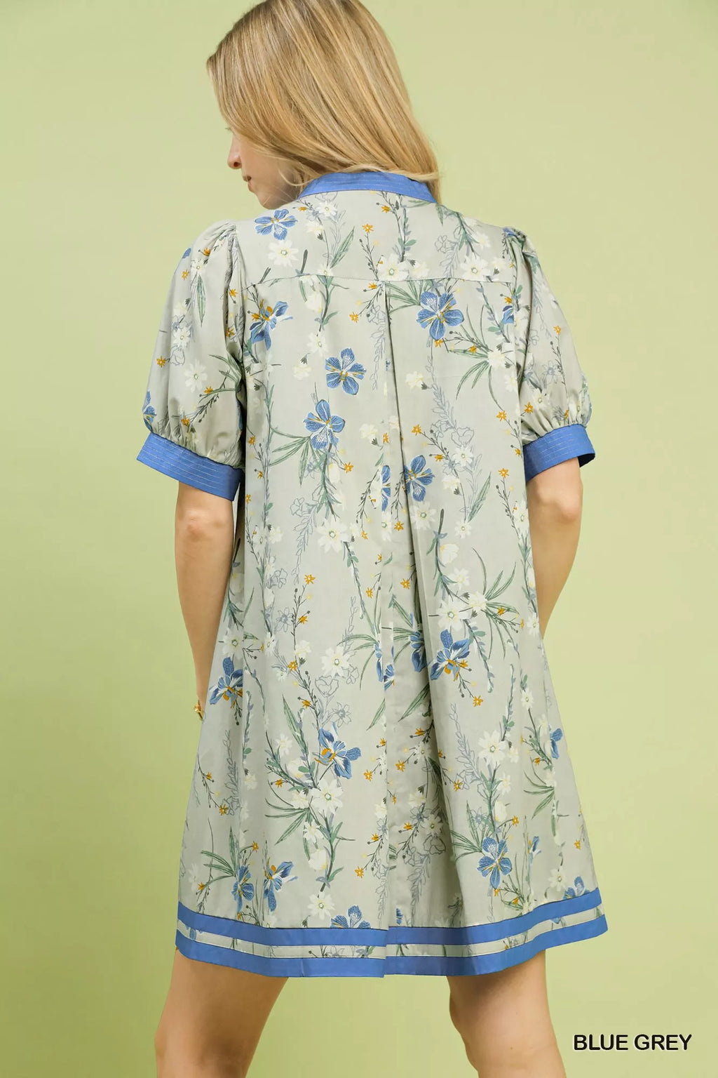 Umgee Floral Puff Sleeve Dress with Contrast Trim