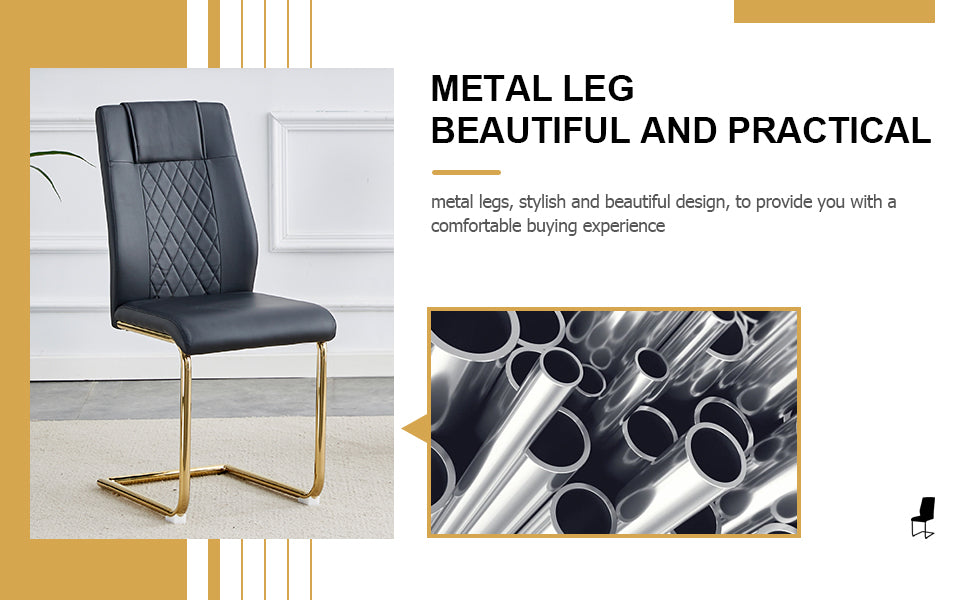 Modern dining chairs with faux leather padded seats, dining room chairs, gold metal leg upholstered chairs, suitable for kitchens, living rooms, bedrooms, and offices, set of 6 (black+PU leather)C-001