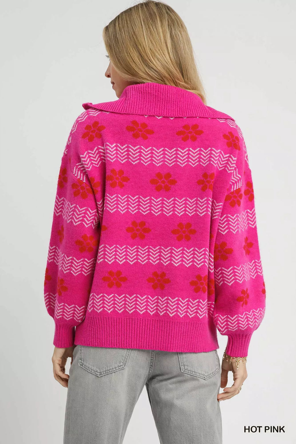 Umgee Floral Patterned Jacquard Quarter-Zip Pullover Sweater