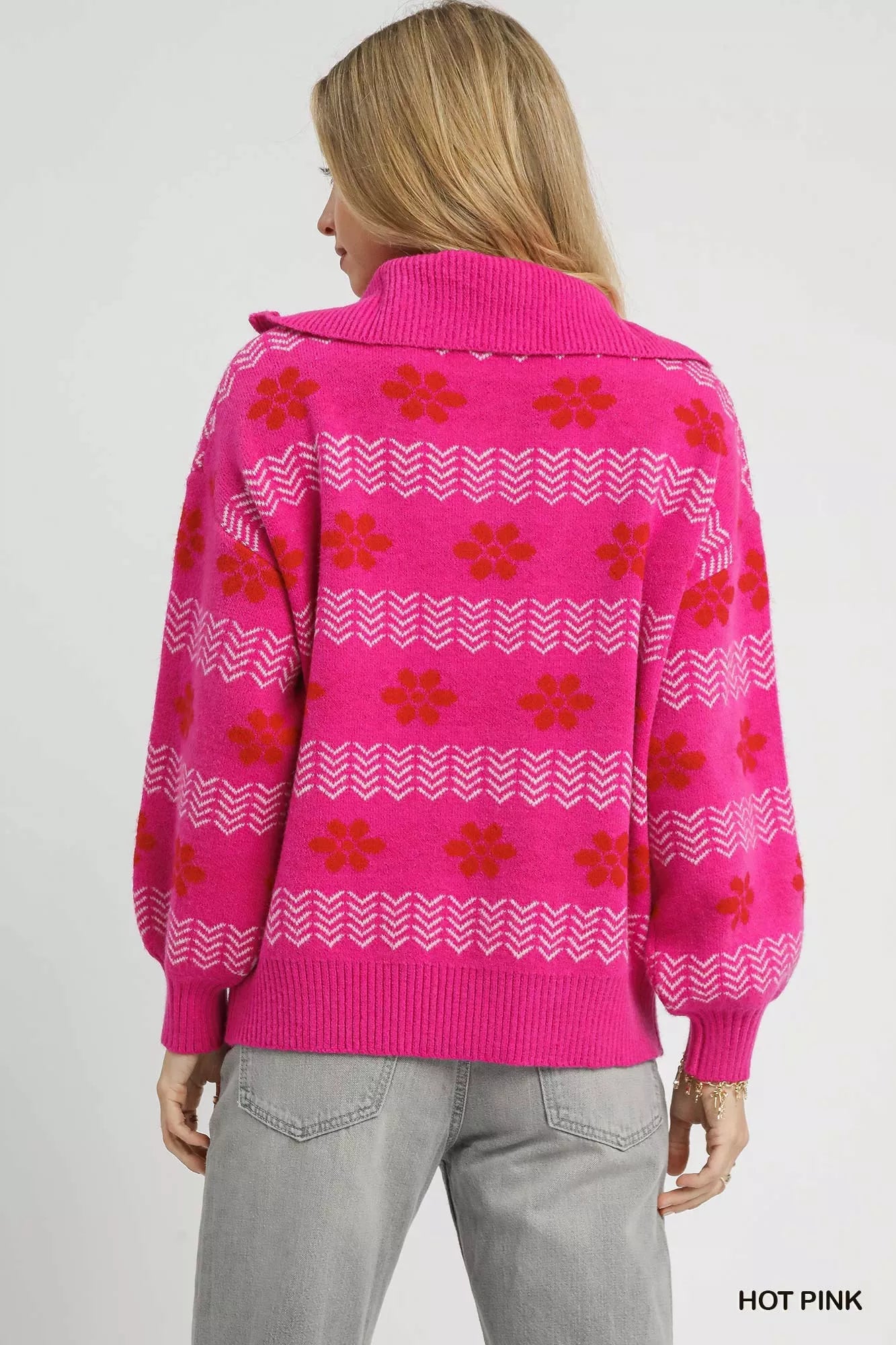 Umgee Floral Patterned Jacquard Quarter-Zip Pullover Sweater