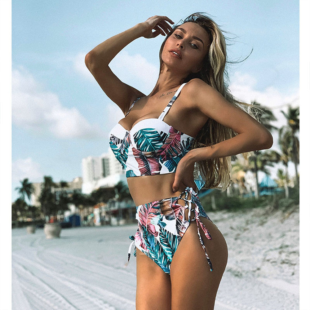 New High-Waisted Tie Bikini with Leaf Print for Women