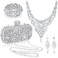 Quelay 4 Pcs Purse Rhinestone Jewelry Set Evening Clutch Bag Bling Crystal Necklace Dangle Earrings Bracelets Accessories(SilverVintage Style)