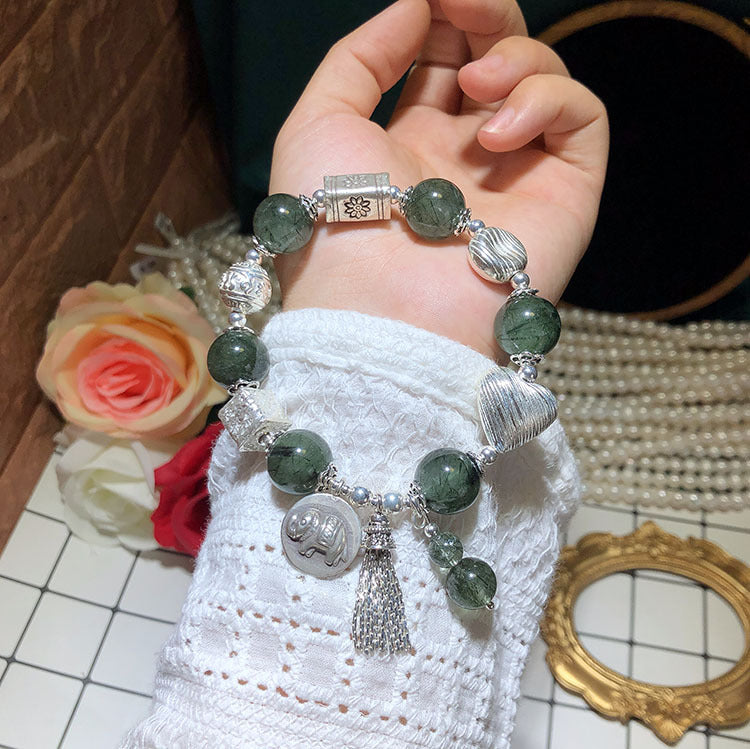 Vintage Silver Elephant Tassel Bracelet with Green Quartz