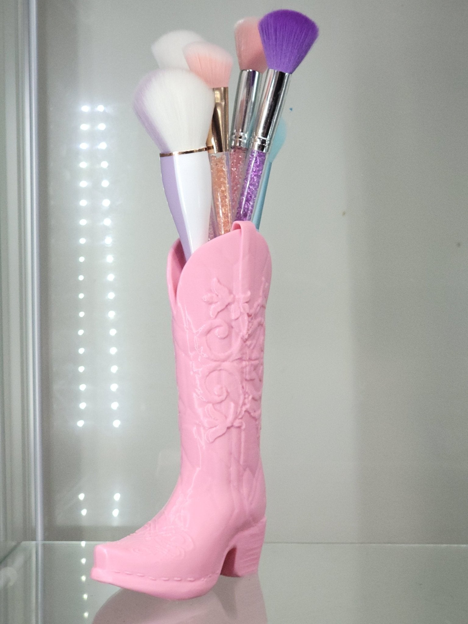 3D Printed Pink Cowboy Boot Brush Holder - Western Decor