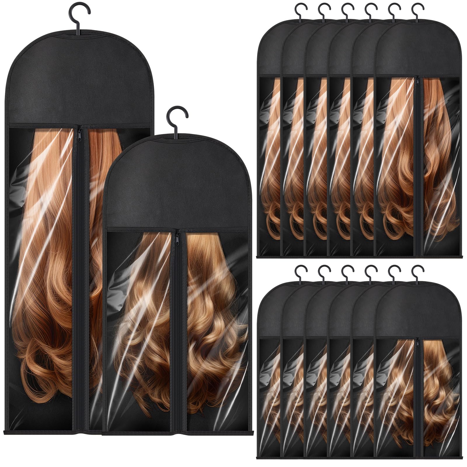 Wowangce 14 Pcs Extra Long Hair Extension Wig Storage Wig Bag Storage with Hanger Two Size Wig Storage for Multiple Wigs Dust Proof Wig Hanger for Store Hair Extensionswigs Accessories Black