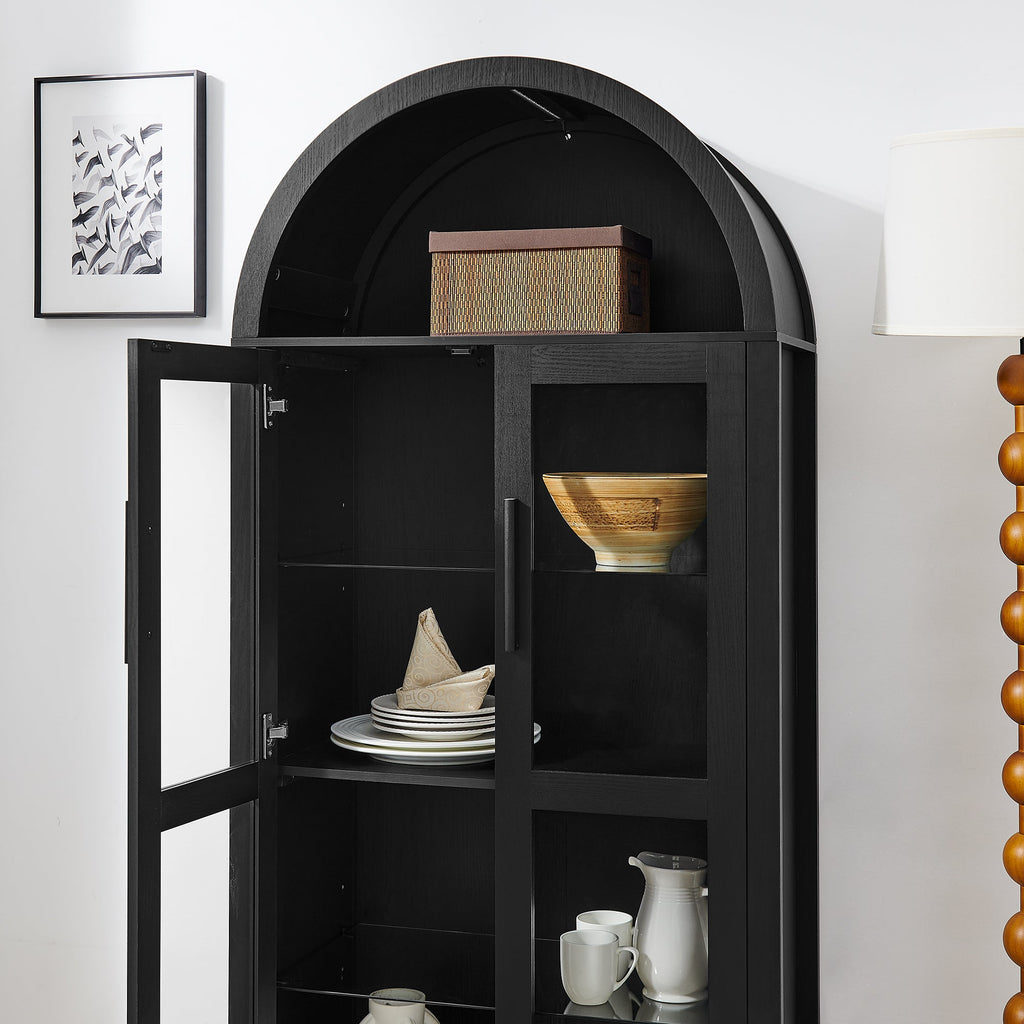 A high arched storage cabinet with a lamp, a modern retro-style wooden storage cabinet with adjustable glass partitions, suitable for use as a multi-functional cabinet in kitchens-Black