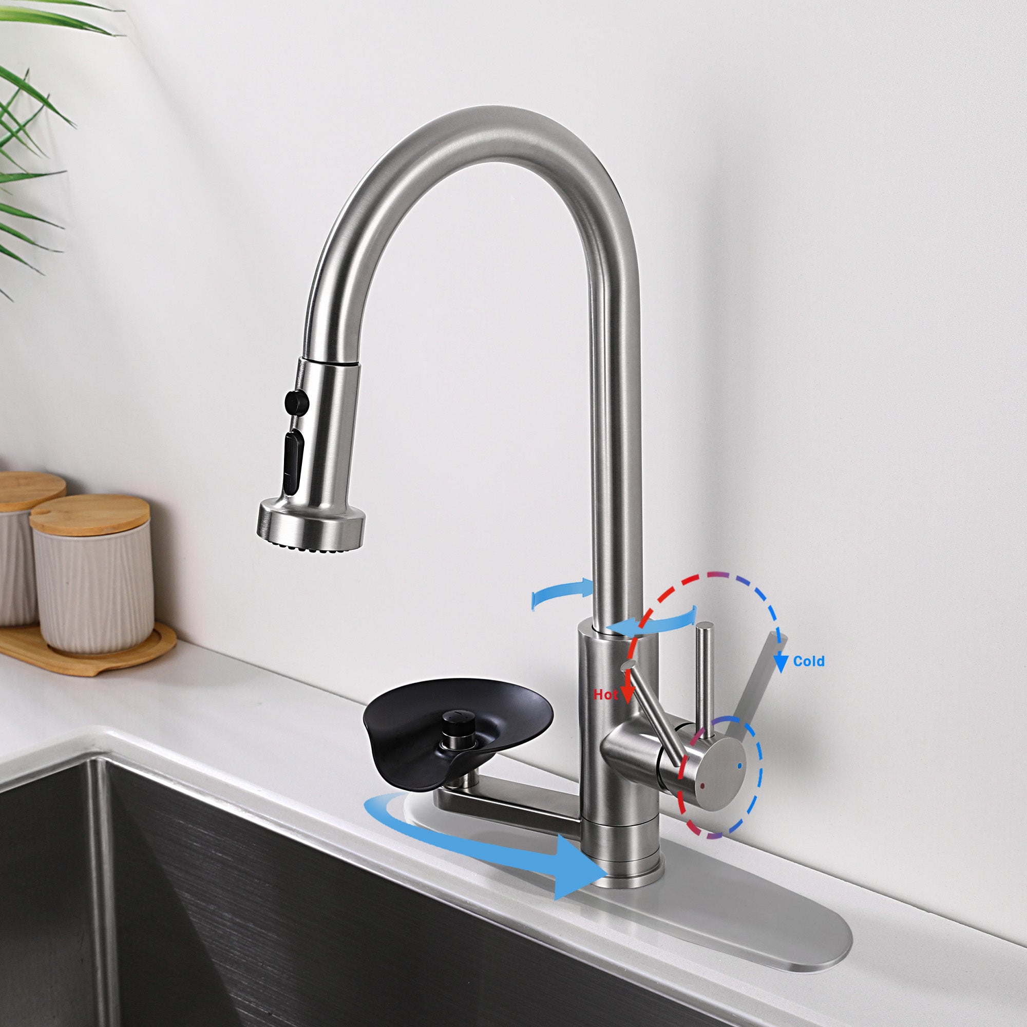 3-in-1 Kitchen Faucet with Press-Type Glass Rinser, High-Arc Pull-Down Sprayer, 3 Function Spray Mode, Brushed Nickel Finish, 9.44-Inch Spout Height, Stainless Steel & ABS Construction