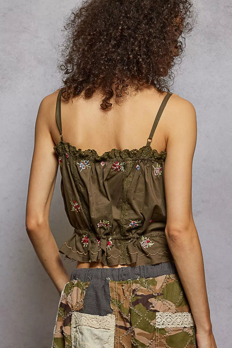 POL Button Down Floral Embroidered Cropped Cami with Lace Detail