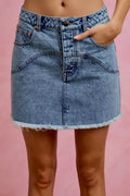 SO ME Washed Denim Floral Contrast Pockets Mini Skirt