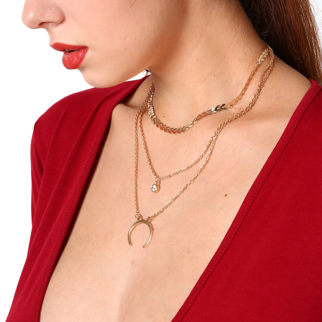 Crescent Moon Necklace with Alloy Pendant and Rhinestones
