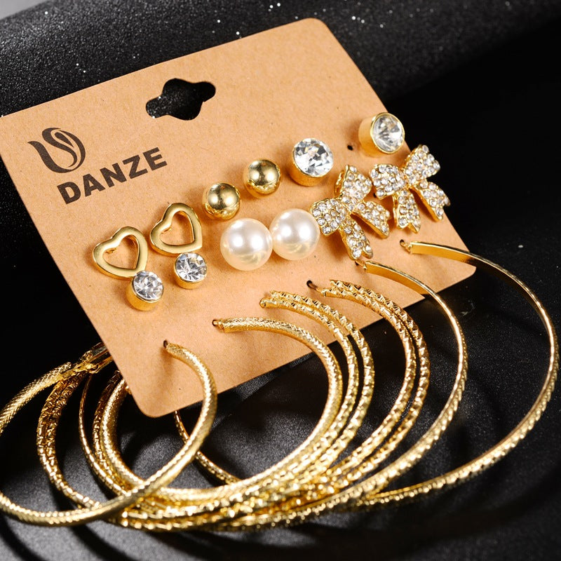 New Pearl Bow Heart Hoop Earrings & Geometric Stud Set
