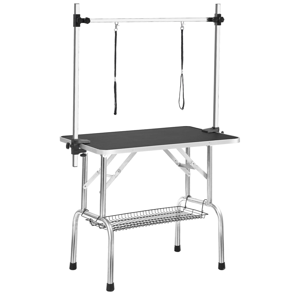 Professional Dog Grooming Table Large Adjustable Heavy Duty Portable with Arm and Noose Mesh Tray in Black Stainless Steel