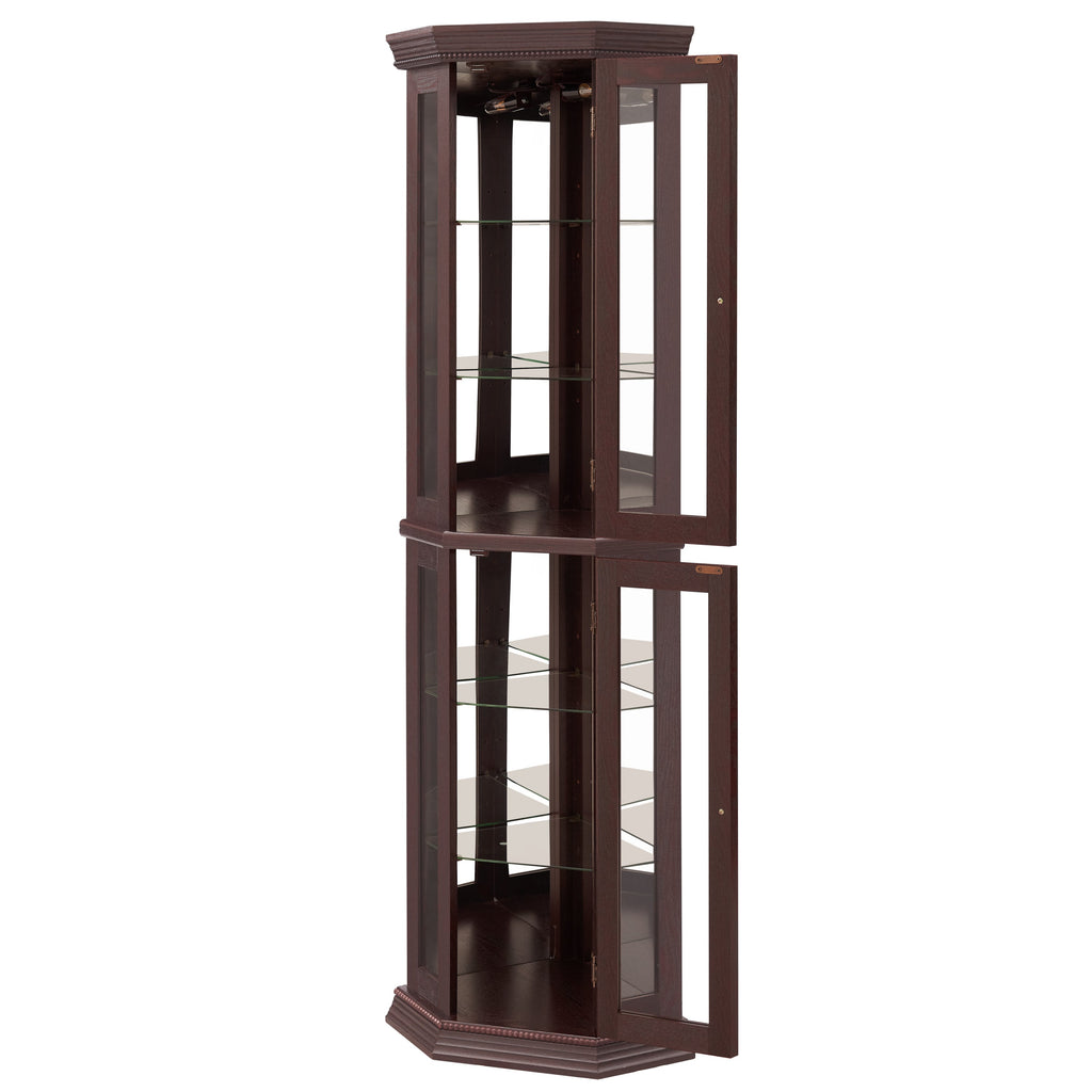 Lighted Corner Curio Cabinet - Glass Display Shelf with Tempered Glass Doors, Adjustable Shelving, and Included Bead Bulb - Ideal Bar Cabinet for Home Decor- DARK CHERRY