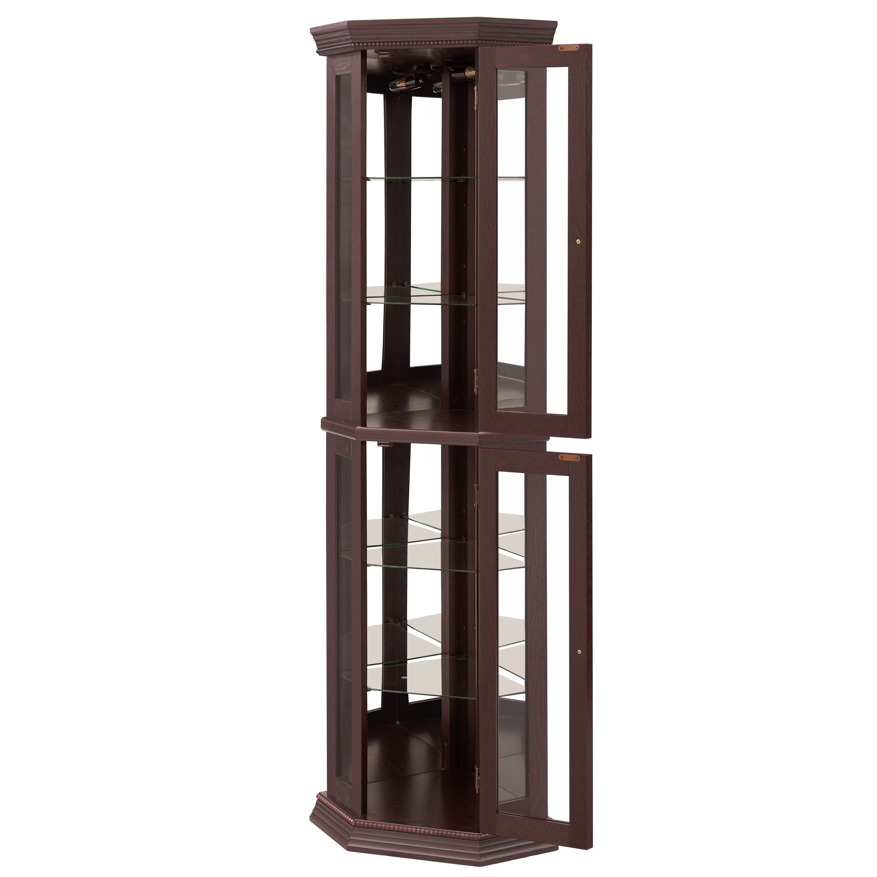 Lighted Corner Curio Cabinet - Glass Display Shelf with Tempered Glass Doors, Adjustable Shelving, and Included Bead Bulb - Ideal Bar Cabinet for Home Decor- DARK CHERRY