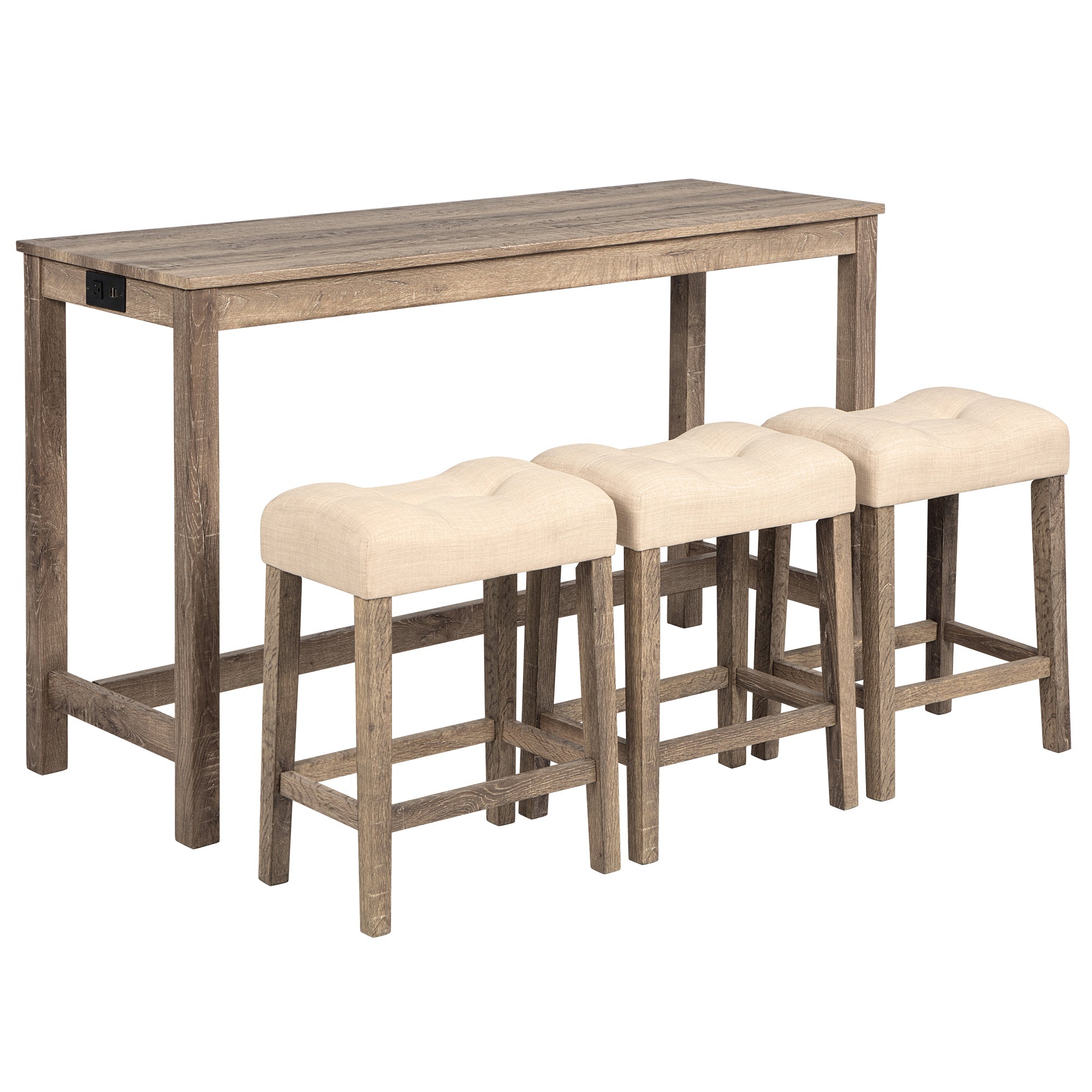 4-Piece Bar Table Set with Power Outlet, Dining Bar Table and Chairs Set, Bar Table Set with 3 Padded Stools for Living Room, Dining Room, Game Room, Brown