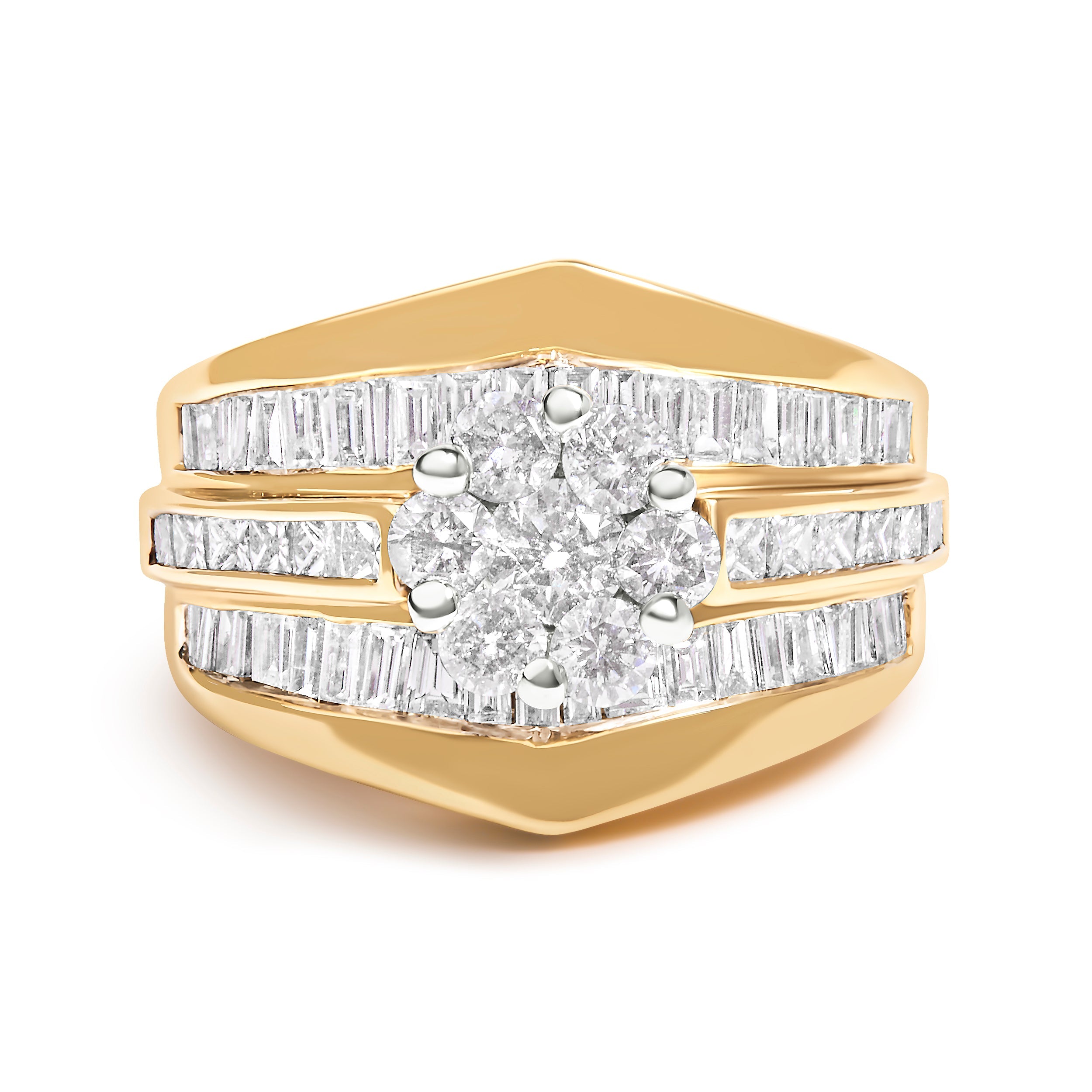 14K Yellow Gold 2-1/3 Cttw Diamond Cluster Channel Set Chevron Shaped Band Engagement Ring & Wedding Band Set