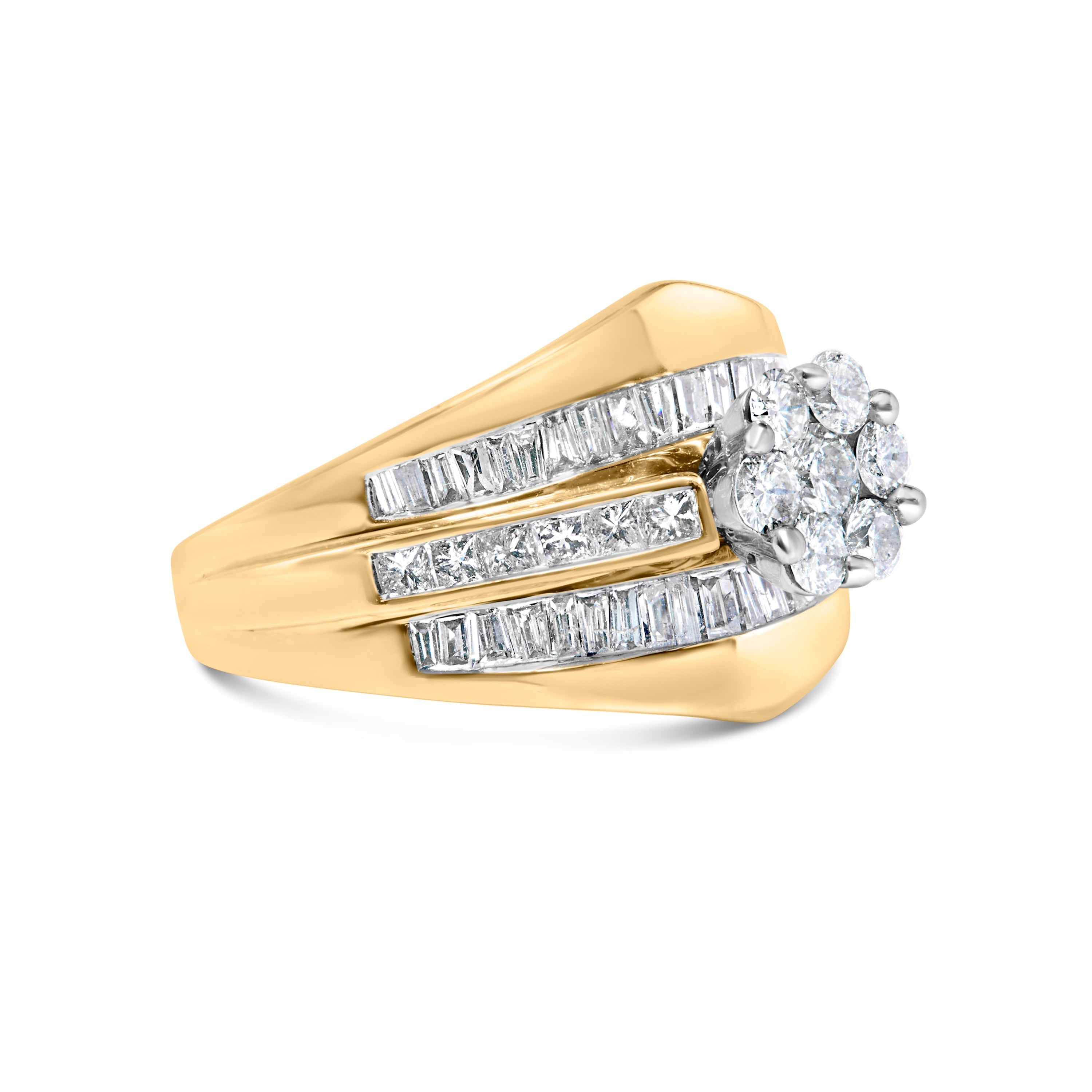 14K Yellow Gold 2-1/3 Cttw Diamond Cluster Channel Set Chevron Shaped Band Engagement Ring & Wedding Band Set