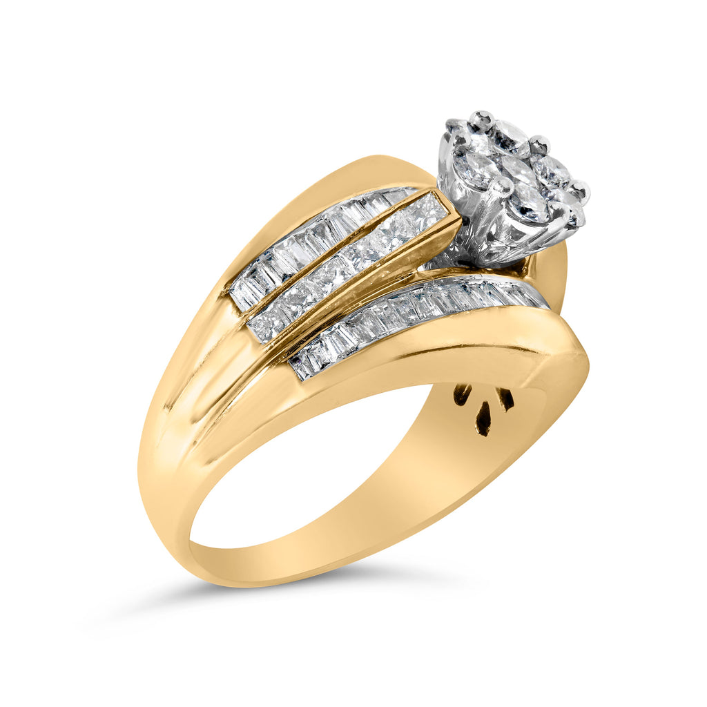 14K Yellow Gold 2-1/3 Cttw Diamond Cluster Channel Set Chevron Shaped Band Engagement Ring & Wedding Band Set