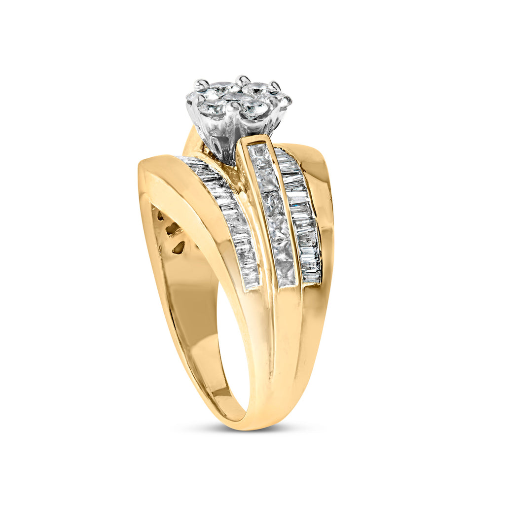 14K Yellow Gold 2-1/3 Cttw Diamond Cluster Channel Set Chevron Shaped Band Engagement Ring & Wedding Band Set