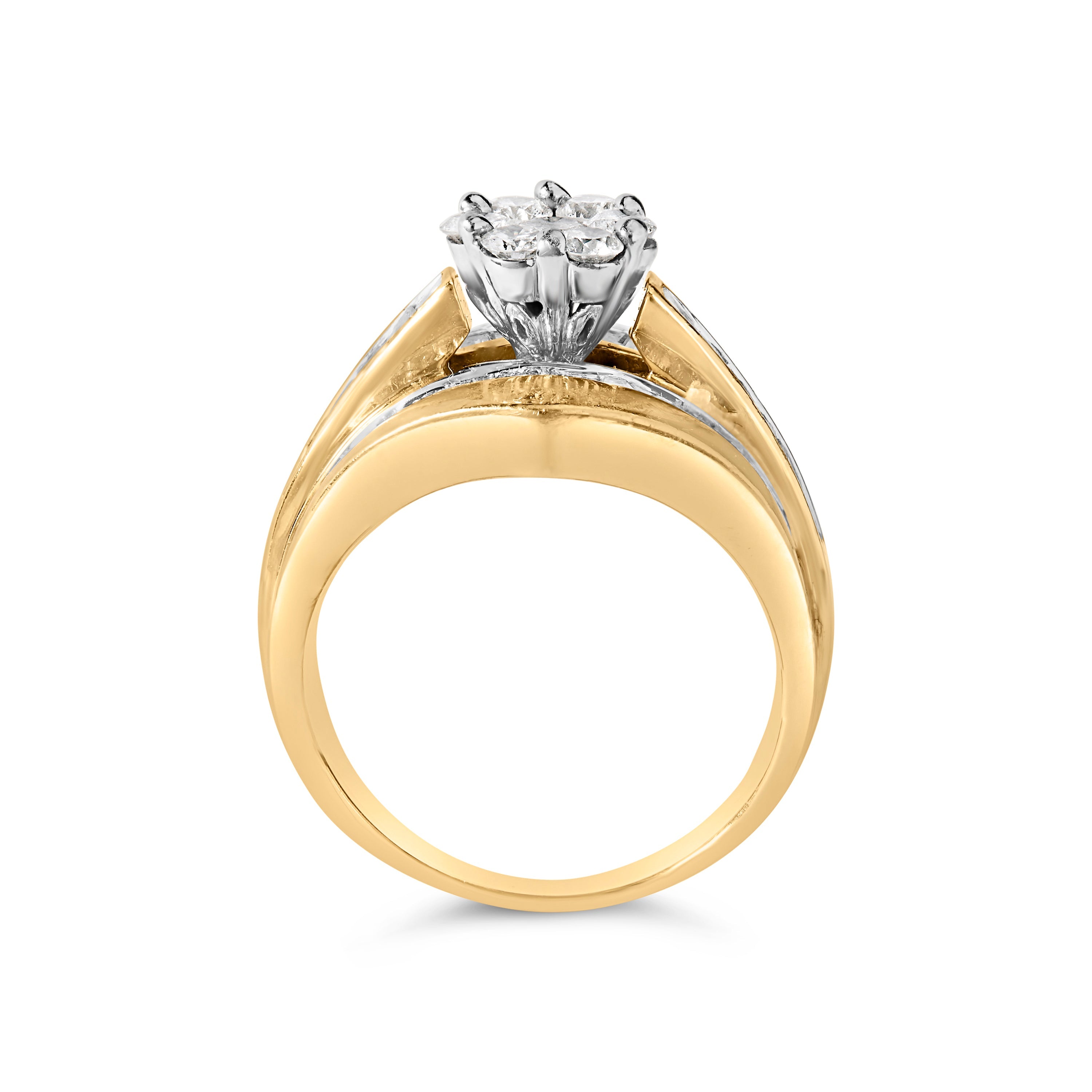 14K Yellow Gold 2-1/3 Cttw Diamond Cluster Channel Set Chevron Shaped Band Engagement Ring & Wedding Band Set