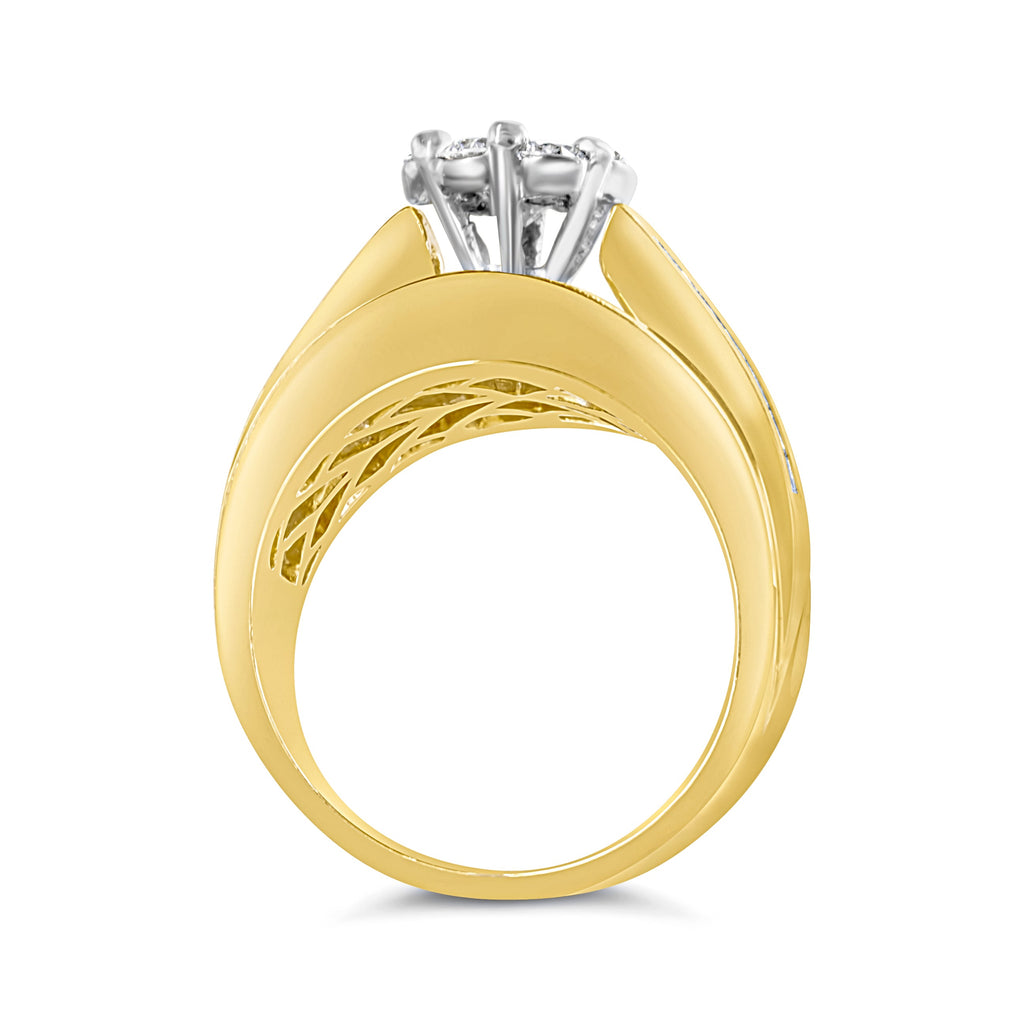 14K Yellow Gold 2-1/3 Cttw Diamond Cluster Channel Set Chevron Shaped Band Engagement Ring & Wedding Band Set
