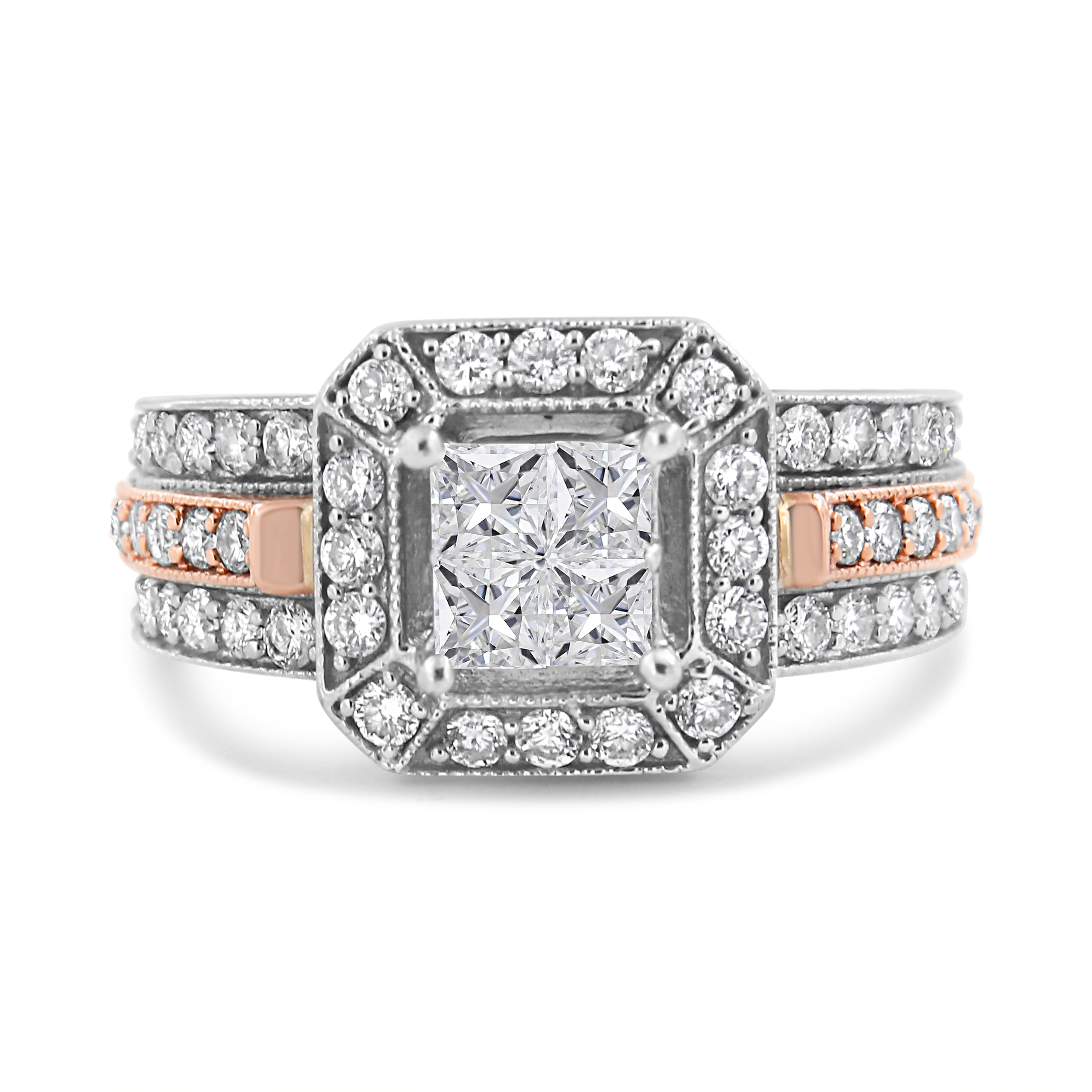 14K White and Rose Gold 1 1/8 Cttw Princess and Round-Cut Diamond Art Deco Style Triple Shank Halo Cocktail Ring (I-J Color, SI2-I1 Clarity) - Size 7