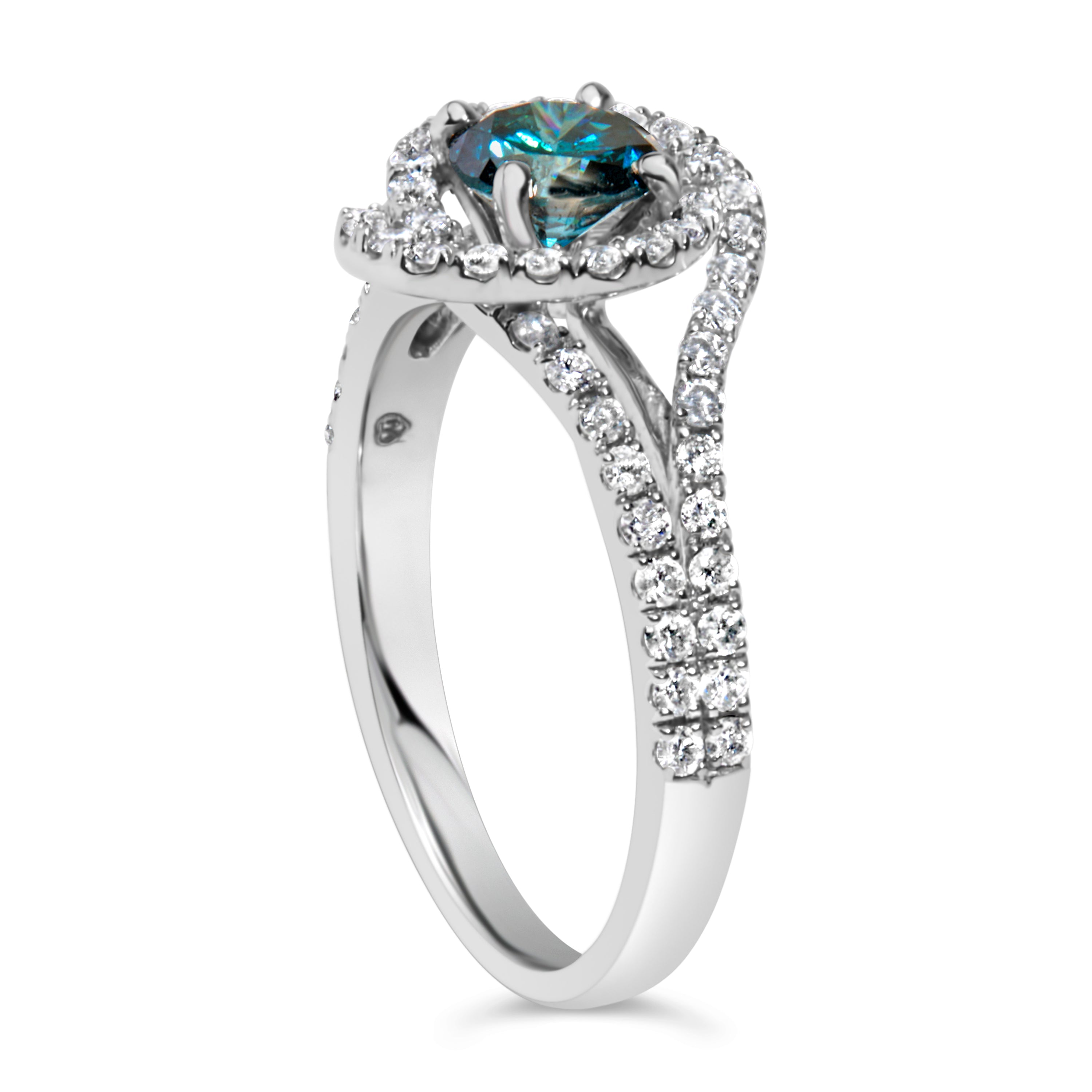 14K White Gold 1-1/3 Cttw White & Blue Diamond Interweaving Double Halo Cocktail Statement Ring (G-H and Fancy Blue Color, SI2-I1 Clarity) - Size 6